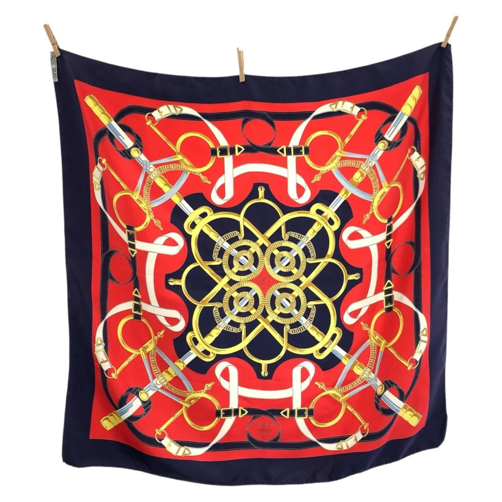 HERMES Hermes Golden Spur Carre 90 Red Navy Silk Scarf Muffler for Women - Picture 2 of 8